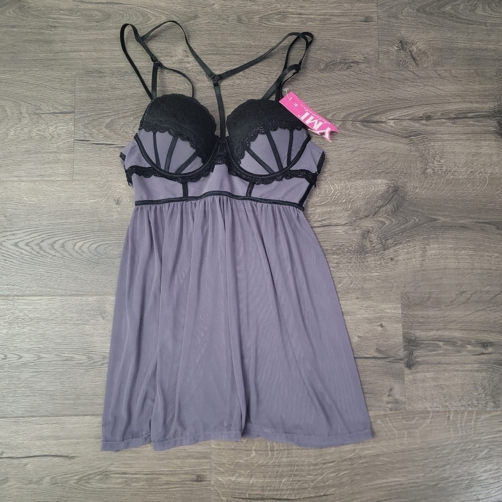 YMI black & gray babydoll lingerie size M NWT